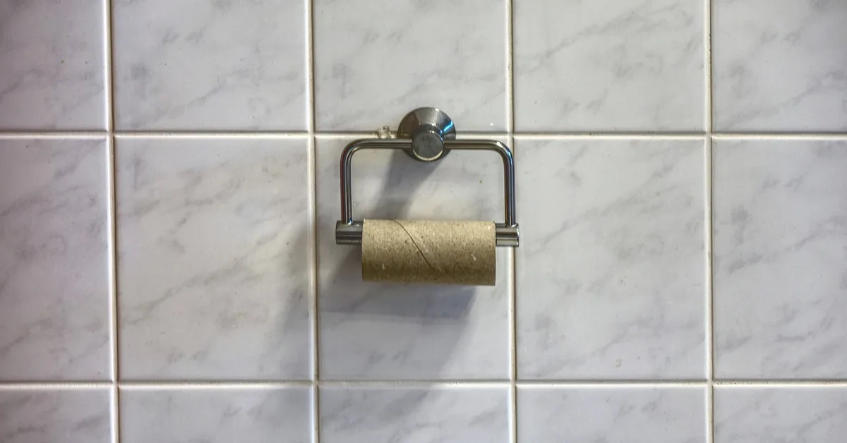 empty cardboard toilet paper tube left on a wall-mounted holder in a tiled bathroom