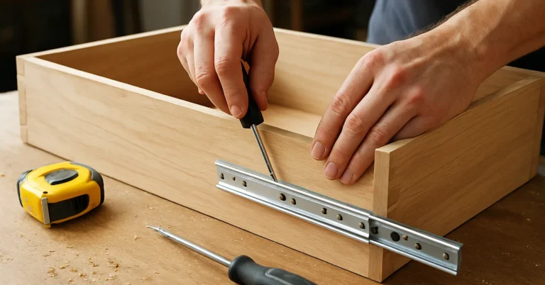 Hands installing a metal ball-bearing drawer slide onto a wooden drawer box in a home workshop
