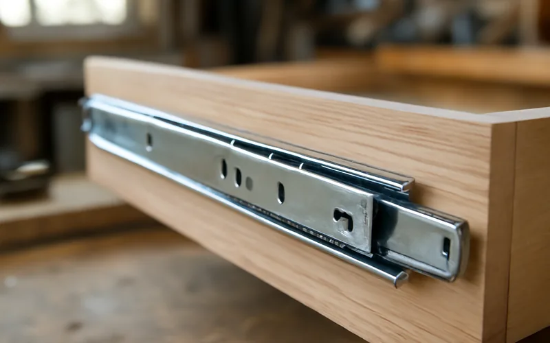 modern metal ball-bearing drawer slide fully extended showing the rail mechanism