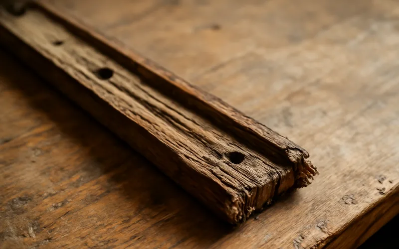 close-up of an old worn wooden drawer slide track with visible grooves and splintering