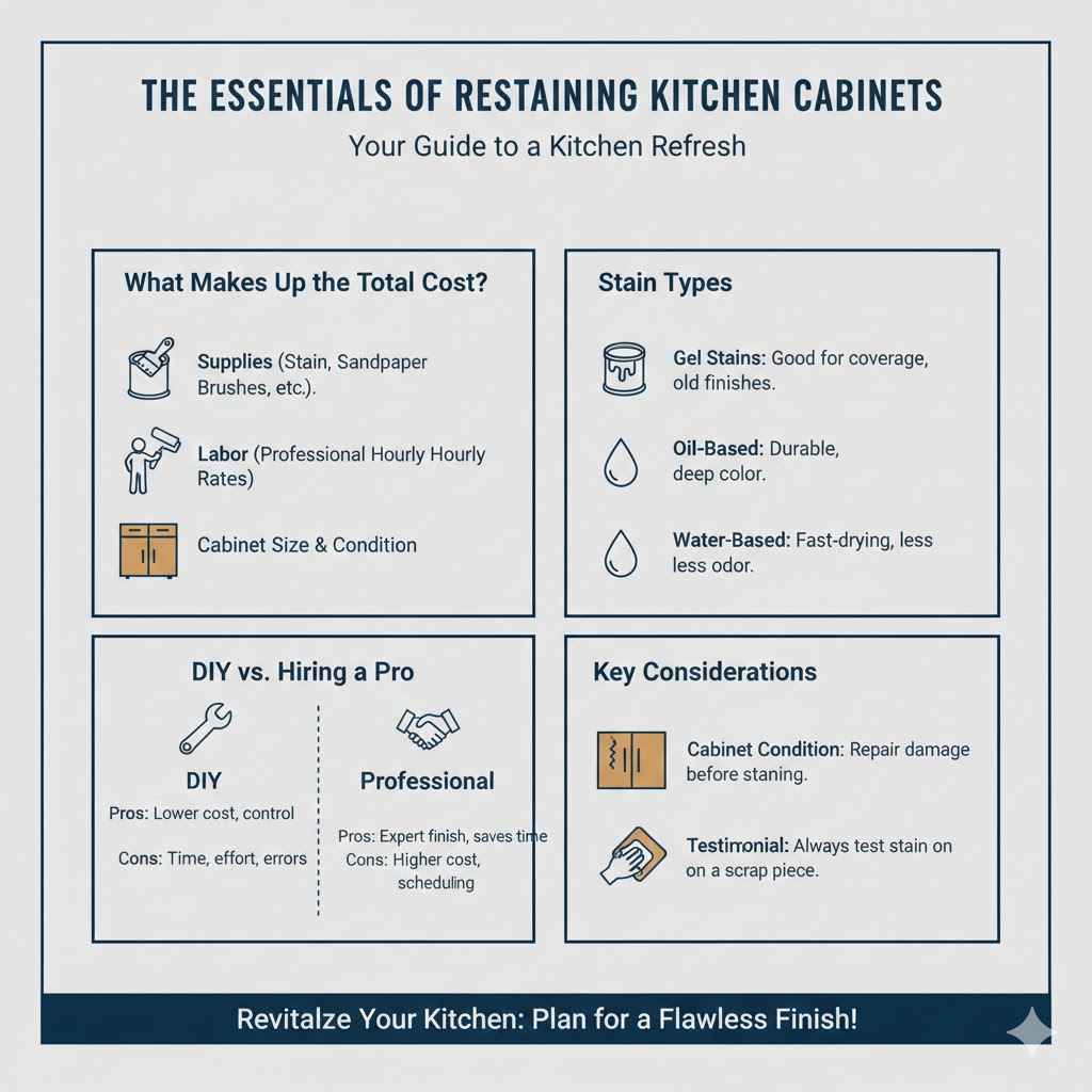 Figuring out How Much Does It Cost to Restain Kitchen Cabinets? can feel tricky, especially if you're new to home improvement projects. You'll find lots of different numbers online, making it hard to know where to start. Don't worry, this guide will help. We'll break down everything you need to know in a clear, easy-to-follow way. Get ready to explore the factors that impact your costs and the steps involved.
The Essentials of Restaining Kitchen Cabinets
Restaining kitchen cabinets is a popular way to refresh a kitchen's look without a complete remodel. The process involves sanding down the existing finish, applying a new stain, and sealing the wood. This can dramatically change the space, making it look modern or cozy, depending on your stain choice. But before beginning, it is important to first consider the current status of your cabinets. This includes checking for any existing damage such as water stains, peeling paint, or warping which may require repair or replacement.
What Makes Up the Total Cost?
The total cost to restain your cabinets has several key parts. First, there's the cost of supplies: stain, primer, sandpaper, brushes, rollers, and protective gear. Then, there's the labor cost, if you hire someone. Labor costs vary based on experience, location, and the project's difficulty. Cabinet size and the current condition also play a role. Larger kitchens with more cabinets will obviously require more materials and time, increasing the overall cost. Finally, the type of stain you select affects the budget. Different stain types, like gel, oil-based, or water-based, vary in price. It is important to compare costs early on to estimate your financial commitment.

Stain Type: Gel stains are great for covering older finishes, while oil-based stains offer durability. Water-based stains dry quickly, but may require more coats.
Cabinet Size: More cabinets mean more surface area to work on. Small kitchens might be easier and cheaper to restain than large ones.
Labor Costs: Professionals charge hourly or by the project. Prices differ based on location and the painter's skill.

DIY Versus Hiring a Pro
Deciding if you'll do it yourself or hire a pro directly affects your budget. DIY saves money on labor, but it needs time, effort, and possibly more supplies if you make mistakes. Professional painters bring expertise, and efficiency, and have experience. They can also ensure a high-quality finish and are especially helpful if your cabinets are in bad condition. Consider your skill level, the project's timeline, and how comfortable you are with the process. If you decide to DIY, researching the best products and following instructions closely is essential. A misstep might cost you in the end, as well as the initial expenditure.

DIY Pros: Lower upfront costs, you control the pace of the project.
DIY Cons: Requires time, skill, and potential for errors.
Professional Pros: Expert finish, saves time, and may come with guarantees.
Professional Cons: Higher upfront costs, less control over scheduling.

Breaking Down the Costs of Restaining
Knowing the specific costs can help you plan your budget. This breakdown provides estimates for materials, labor, and potential add-ons. The cost depends on several factors, including the size and construction of your cabinets. Preparing a detailed budget before beginning is essential for managing your finances throughout the project. When considering materials, always check for special deals at your local hardware store. When considering labor, ensure that you compare quotes from several different contractors before making your final decision.
Material Costs Explained
Materials make up a significant part of the total cost. The most expensive materials are usually the stain and sealant, and the amount needed depends on the number and size of your cabinets. Sandpaper, brushes, rollers, and other tools add to the budget. Don't forget protective gear like gloves, masks, and safety glasses. Also, consider the cost of fillers if you need to repair any cabinet imperfections. The total spent on materials can vary depending on brand choices and the amount of work required.

Stain: This can range from $20 to $70 per quart, depending on the brand and type.
Sandpaper: Costs are minimal.
Brushes and Rollers: These typically cost between $10 and $30.
Primer: Costs between $20 and $40 per gallon.

Labor Cost Estimations
If you're hiring professionals, labor costs are a crucial part of the total. Labor costs differ greatly based on where you live, the experience of the painter, and the complexity of the job. Generally, expect to pay an hourly rate or a flat fee for the whole project. Labor costs can make up a large portion of the budget, so it is important to get quotes from several contractors. Be certain that you're clear on all fees before you give someone the go-ahead. If the project is complex, or if your cabinets need significant repairs, the labor costs will increase.

Hourly Rate: Most painters charge between $25 and $80 per hour.
Flat Fee: Some may offer a fixed price for the entire project.
Regional Variations: Costs are higher in big cities and areas with a high cost of living.

Potential Extra Expenses
Unexpected expenses can pop up during any home improvement project. Additional costs might include the need for more supplies than first estimated. Cabinet repairs, such as replacing damaged parts, can add to the bill. If your cabinets have intricate designs, they require more time and work. These extra costs can quickly add up, so it is important to include a contingency fund in your budget. By planning ahead and expecting the unexpected, you'll be ready for any additional spending.

Cabinet Repairs: Fixing damaged areas might cost extra.
Specialty Finishes: Custom finishes could mean extra costs.
Unexpected Issues: Plan for any hidden problems you might find.

Step-by-Step: Restaining Process
The restaining process includes a few key steps. These steps need to be done carefully to get a great result. The process involves some prep work, such as cleaning and sanding the cabinets. Next comes the staining and sealing. Knowing each step will help you to decide if you will do it yourself or hire a professional. This will also give you an idea of what each part of the project includes.
Prepping the Cabinets
Proper preparation is key to a successful restaining project. Begin by removing all the cabinet doors, drawers, and hardware. Clean the cabinets with a degreasing cleaner to eliminate any dirt or grease. Next, sand the surfaces using different grit sandpapers to get rid of the old finish and create a smooth surface. Any imperfections, such as scratches or dents, should be filled with wood filler and then sanded smooth. This preparatory work can affect the quality of the finished look. Take your time with these steps to get the best result.

Remove Doors and Hardware: This makes the sanding and staining easier.
Clean Surfaces: Removes dirt, grease, and other contaminants.
Sand: Smooths the surface and makes it easier for the stain to stick.
Fill Imperfections: Repairing dents and scratches ensures a flawless finish.

Staining and Finishing
Once the cabinets are prepared, it is time to stain them. Choose the stain color you like and follow the manufacturer's instructions. Apply the stain evenly, allowing each coat to dry fully. After the stain is dry, apply a sealant or topcoat to protect the finish and add durability. This topcoat protects your cabinets from water and wear. The sealant will also define the color and shine of the cabinets. Properly sealing the cabinets is essential for long-lasting results. Ensure to wait the correct amount of time between coats.

Apply Stain: Use the recommended tools to ensure even coverage.
Allow Drying: Give each coat enough time to dry, as stated on the product's label.
Apply Sealant: Protect the stain from damage.
Reassemble: Reattach the doors, drawers, and hardware after everything is dry.

Ways to Save on Cabinet Restaining
You can use different strategies to control your costs. Doing some parts of the project yourself can save money. Choosing less expensive materials or researching the best deals can help. Knowing these methods can help you to stay on budget and still get the look you want. By being wise with your money and knowing your options, you can make your kitchen look fresh without overspending.
DIY vs. Professional Choices
Decide whether you will do the project yourself or hire a professional to reduce your costs. DIY can save money on labor, but it needs time and possibly more material costs. Doing some parts yourself and hiring a pro for other parts can be a good middle ground. Think about your abilities and how much time you have. Hiring a professional will cost more, but it guarantees quality and efficiency. When planning your budget, compare costs, and see what works best for you and your budget.

DIY: Save on labor by completing parts of the project yourself.
Professional: Invest in the quality and speed of an experienced team.
Hybrid Approach: Mix DIY tasks with some professional services.

Choosing Materials Carefully
Selecting materials plays a significant role in your budget. Prices differ among stain brands and types. Before purchasing materials, research and compare the costs of different stain brands and kinds. Look for sales at your local hardware stores and online shops. Consider using less costly but still high-quality alternatives for some materials. Be prepared to compare the quality and pricing to help you get the best value. Small changes in your material choices can lead to big savings.

Shop Around: Compare prices at multiple stores to find the best deals.
Choose Alternatives: Opt for less expensive, but quality, materials.
Read Reviews: Learn about products before you commit.

Frequently Asked Questions
Question: How long does it take to restain kitchen cabinets?
Answer: The time it takes varies, but it usually takes around 3-7 days, depending on the size of the kitchen and the complexity of the project.
Question: Do I need to remove my cabinet doors to restain them?
Answer: Yes, removing the doors and drawers makes the sanding and staining process much easier and ensures a more uniform finish.
Question: Can I restain my cabinets without sanding?
Answer: While some products claim you can skip sanding, it is best to sand the cabinets to create a good surface for the stain to stick to.
Question: What's the best type of stain for kitchen cabinets?
Answer: Oil-based stains offer durability, while water-based stains dry quickly and are easier to clean. Your choice depends on your specific needs and preferences.
Question: How often should I restain my kitchen cabinets?
Answer: With proper care, restained cabinets can last for 5-10 years or longer, but the longevity varies depending on use and maintenance.
Final Thoughts
Understanding How Much Does It Cost to Restain Kitchen Cabinets? involves knowing the parts of the cost, choosing between DIY and professional help, and making smart material choices. Factors such as the stain type, your kitchen's size, and the state of the cabinets influence the final costs. Preparing the cabinets well and following the steps of the process will help to achieve a great finish.
You also have ways to save money, like selecting budget-friendly materials. Now that you have this information, you can get started on restaining your kitchen cabinets with confidence. Begin by figuring out your budget and planning your project step by step. Have fun and enjoy the new look!