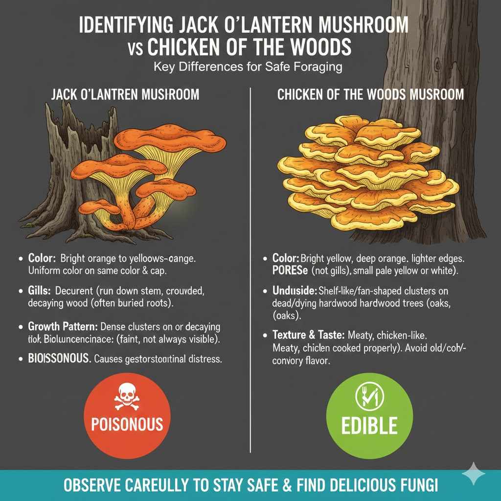 Identifying Jack O’Lantern Mushroom vs Chicken of the Woods

