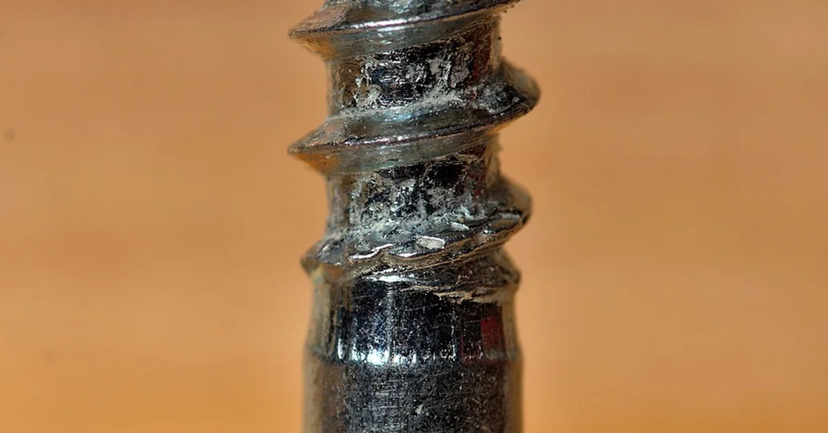 Coarse-thread wood screw close up showing self-tapping threads