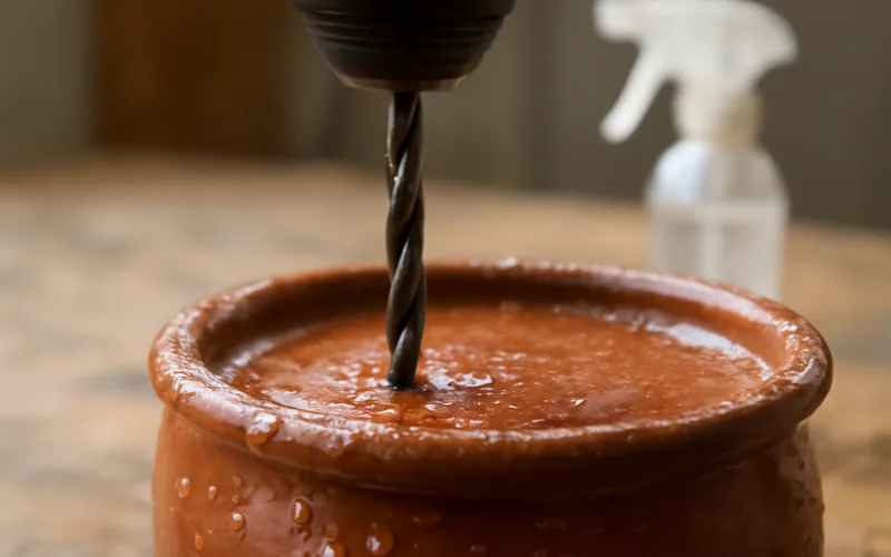 drill bit boring into a wet glazed ceramic pot rim with water droplets and a spray bottle nearby