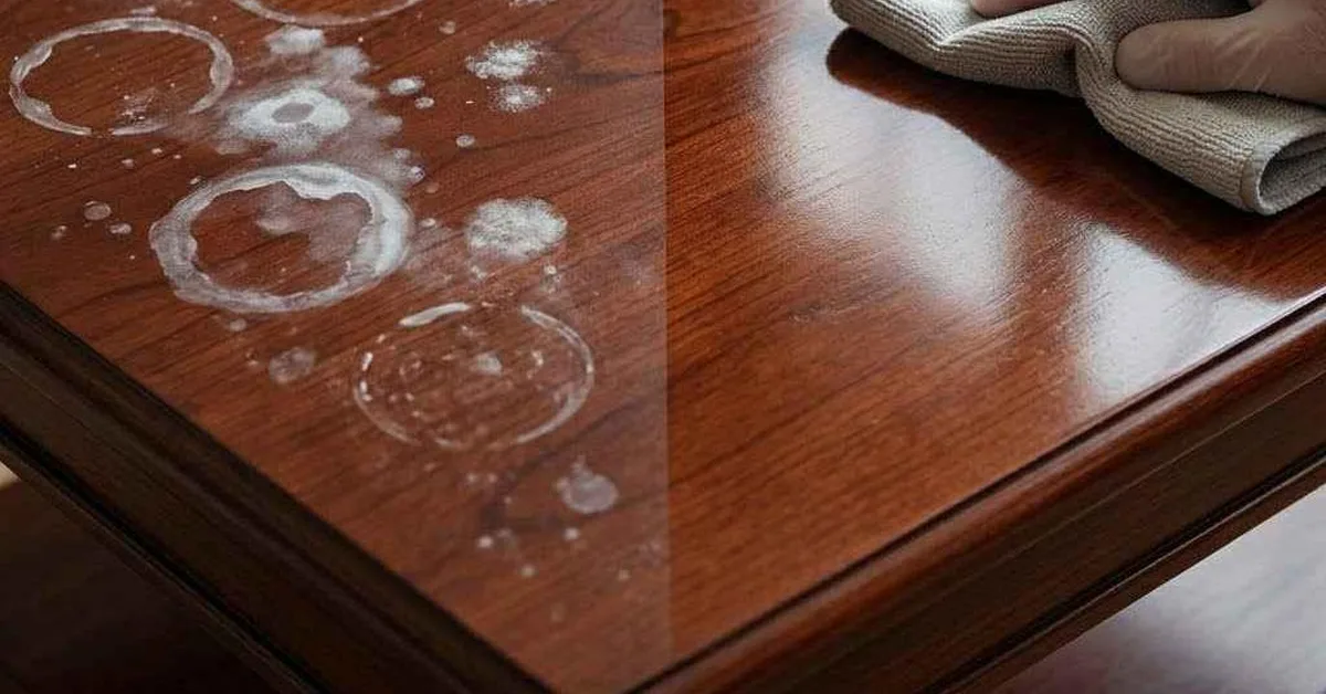 Water spots on wood furniture being wiped away with a cloth showing before and after results
