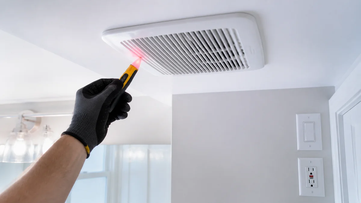 Bathroom exhaust fan grille and switch being checked during a no-power diagnosis