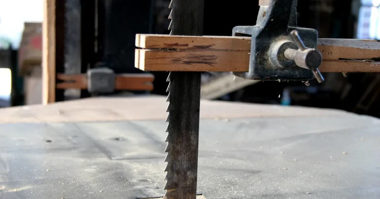 Close-up of an antique bandsaw blade set into a worn cast-iron table