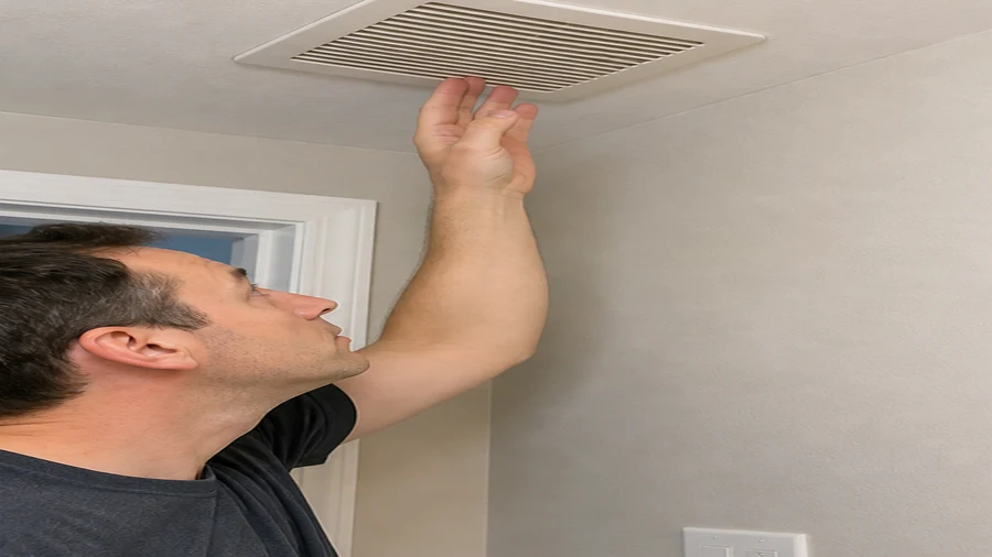 Apartment bathroom exhaust fan and wall control checked during a renter-safe inspection