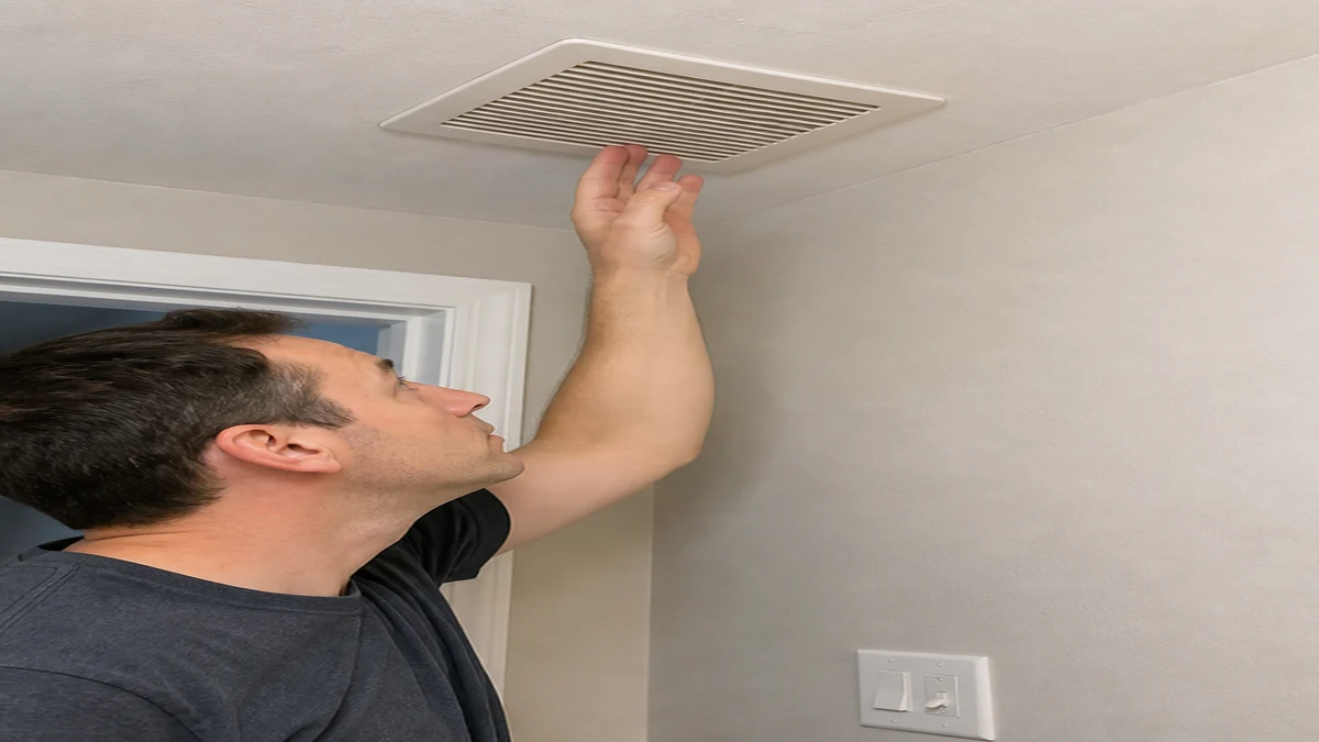 Apartment bathroom exhaust fan and wall control checked during a renter-safe inspection