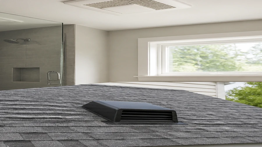 Bathroom exhaust fan and exterior vent shown as part of bathroom moisture control