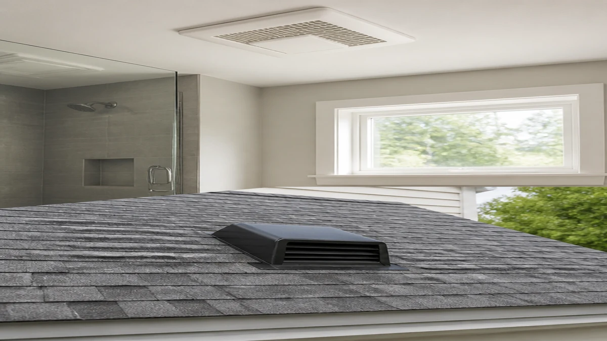 Bathroom exhaust fan and exterior vent shown as part of bathroom moisture control