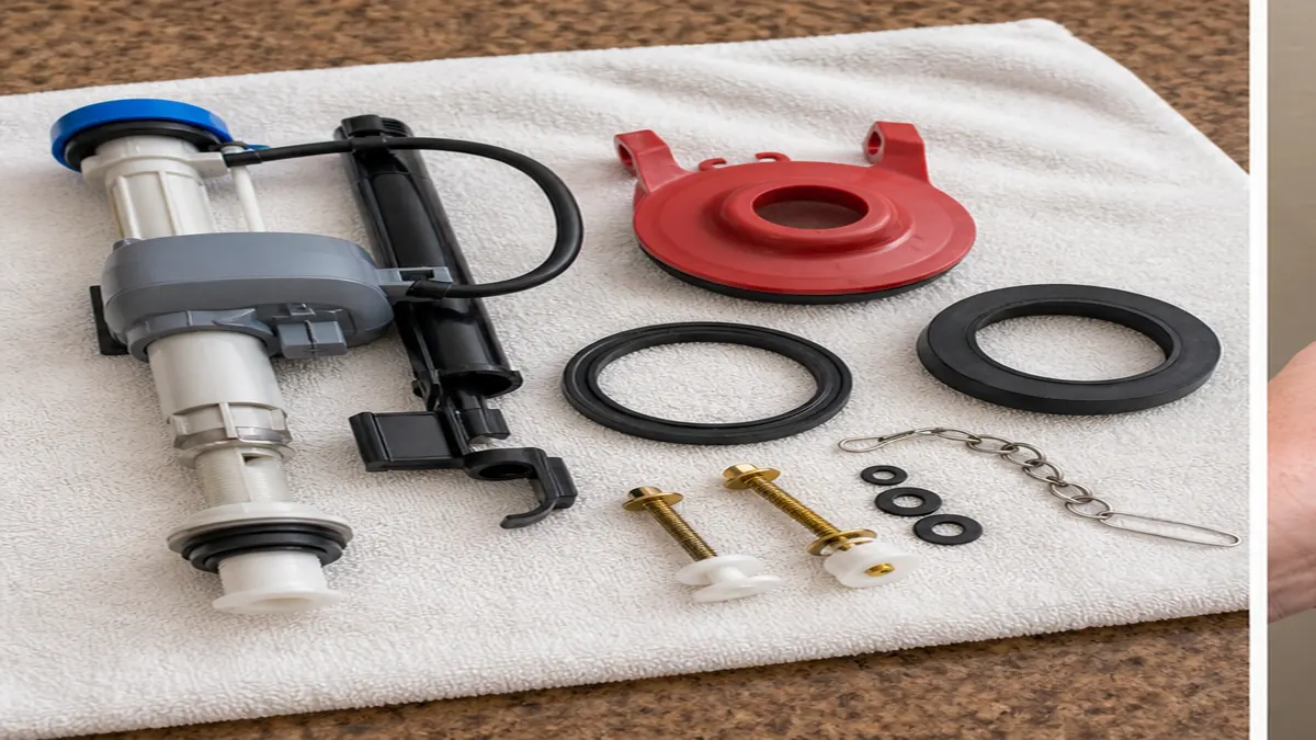 Toilet repair kit parts compared with an open toilet tank mechanism