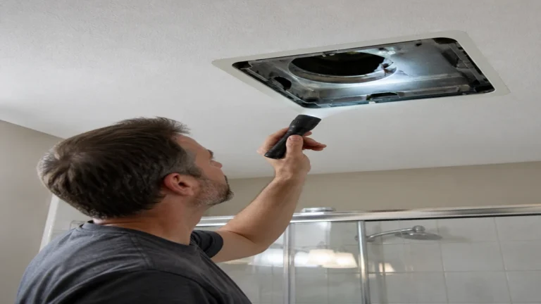 Bathroom exhaust fan grille and wall switch checked during a no-power diagnosis
