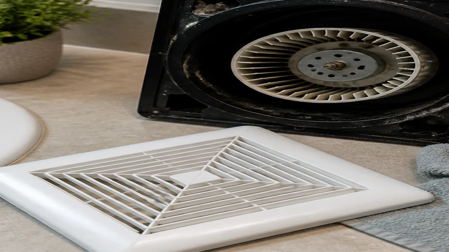 Cleaned bathroom fan grille and blower area inspected after new noise appeared