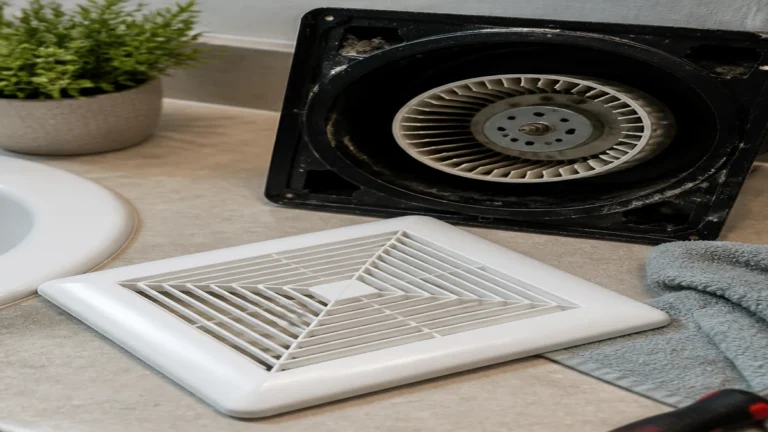 Cleaned bathroom fan grille and blower area inspected after new noise appeared