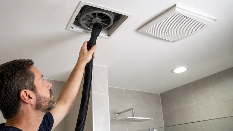 Homeowner cleaning dust from a bathroom exhaust fan grille with a vacuum brush
