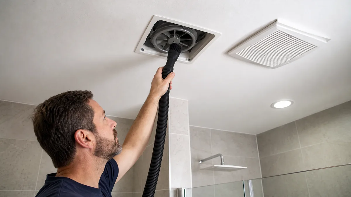 Homeowner cleaning dust from a bathroom exhaust fan grille with a vacuum brush