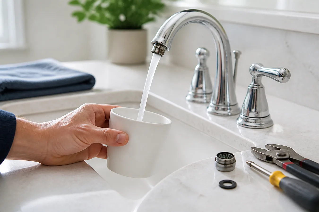 Testing water flow from a bathroom faucet into a cup after removing the aerator