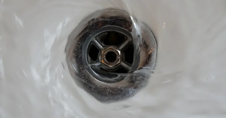 Water swirling down a bathtub drain with a crossbar strainer