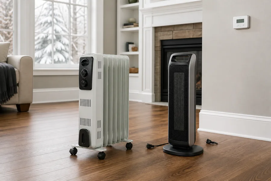Oil-filled radiator and ceramic tower heater compared in a large living room