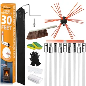 Rotary chimney sweep brush kit for cleaning wood stove flue pipe