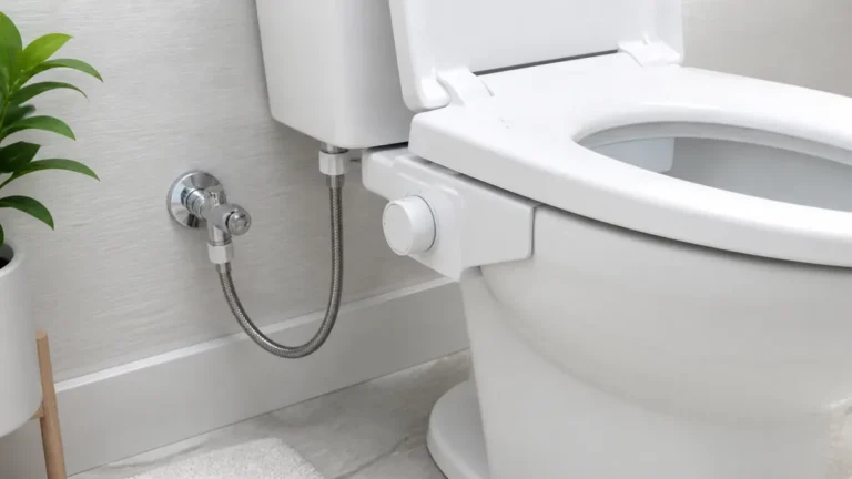 Non-electric bidet attachment installed beneath a white toilet seat with a water supply tee connection