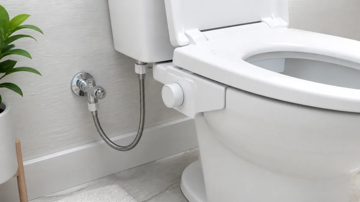 Non-electric bidet attachment installed beneath a white toilet seat with a water supply tee connection