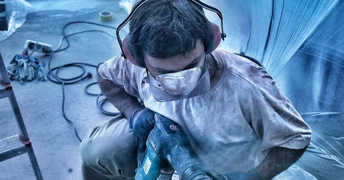 Worker drilling into a concrete slab with an SDS rotary hammer drill and safety gear