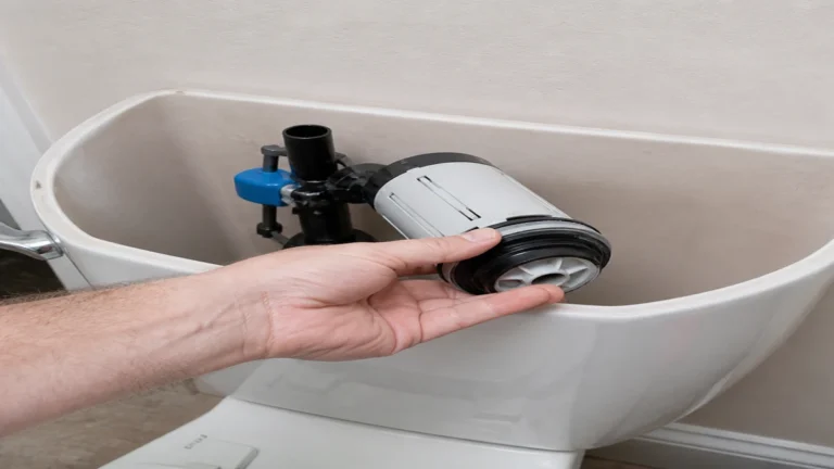 Dual-flush toilet tank with flush tower and seal inspected for a running-water problem