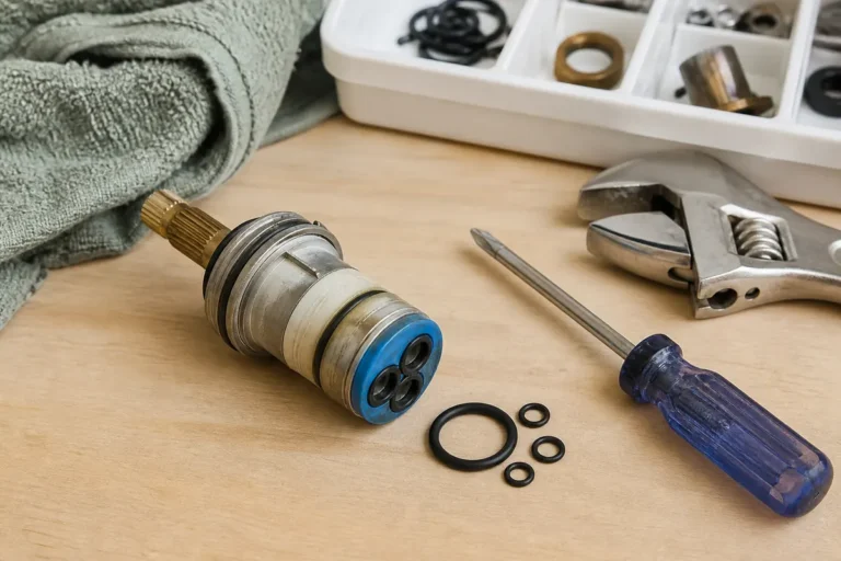 Plumber checking a bathroom faucet repair beneath a sink
