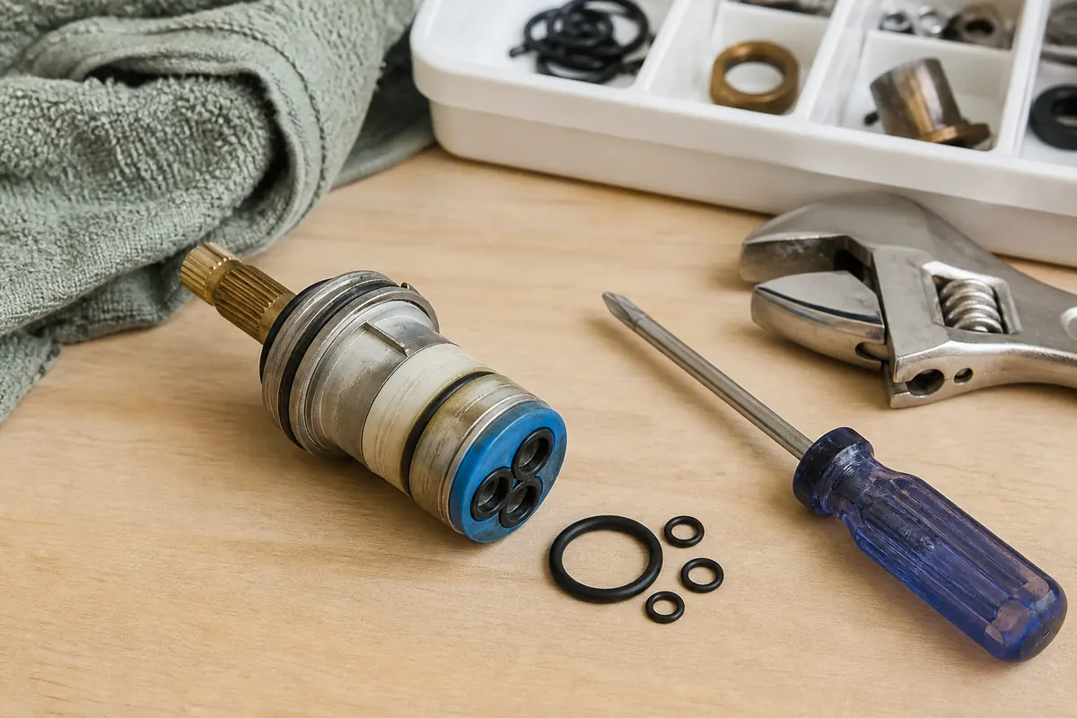 Plumber checking a bathroom faucet repair beneath a sink