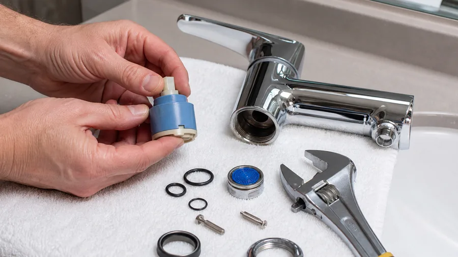 Faucet repair parts including a cartridge, O-rings, aerator, and hand tools beside a bathroom faucet