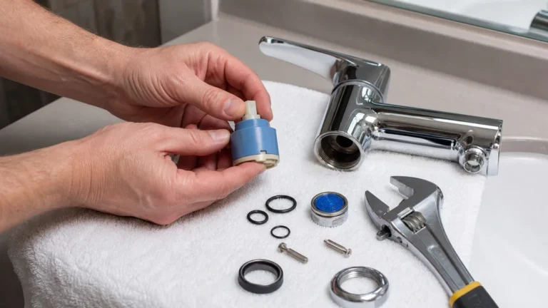 Faucet repair parts including a cartridge, O-rings, aerator, and hand tools beside a bathroom faucet
