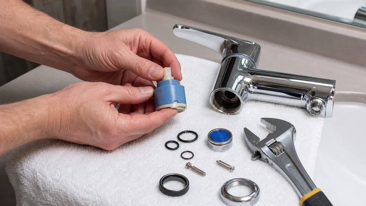 Faucet repair parts including a cartridge, O-rings, aerator, and hand tools beside a bathroom faucet