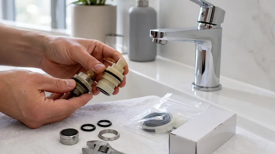 Homeowner comparing faucet cartridge, O-rings, aerator, and replacement parts beside a chrome bathroom faucet