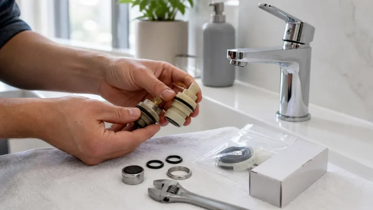 Homeowner comparing faucet cartridge, O-rings, aerator, and replacement parts beside a chrome bathroom faucet