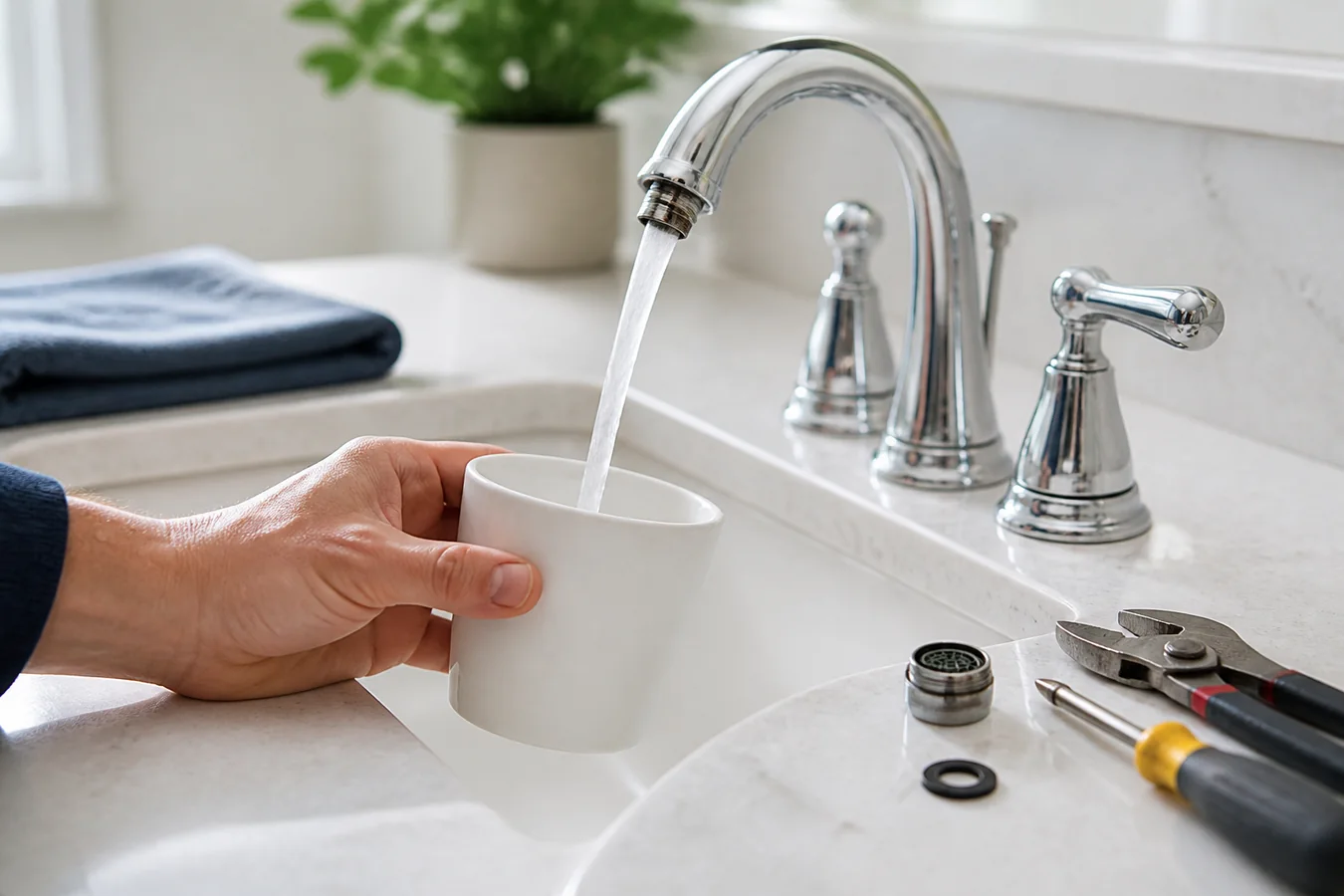 Bathroom faucet aerator and small repair parts beside an adjustable wrench