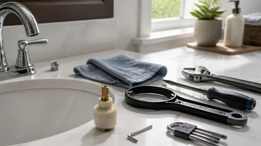 Faucet repair tools arranged beside a bathroom sink, including a basin wrench, adjustable wrench, hex keys, screwdriver, and cartridge