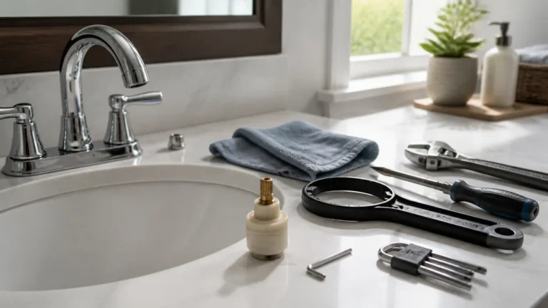 Faucet repair tools arranged beside a bathroom sink, including a basin wrench, adjustable wrench, hex keys, screwdriver, and cartridge