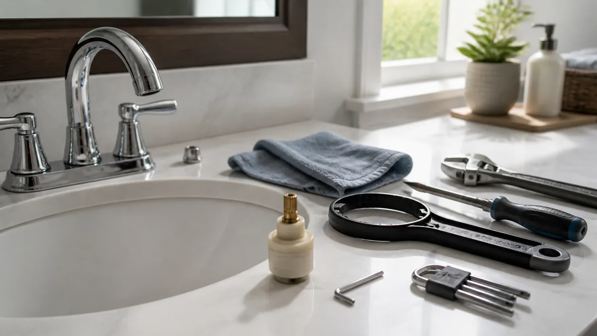 Faucet repair tools arranged beside a bathroom sink, including a basin wrench, adjustable wrench, hex keys, screwdriver, and cartridge