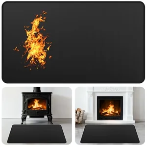Fireproof hearth mat protecting the floor beneath a wood stove