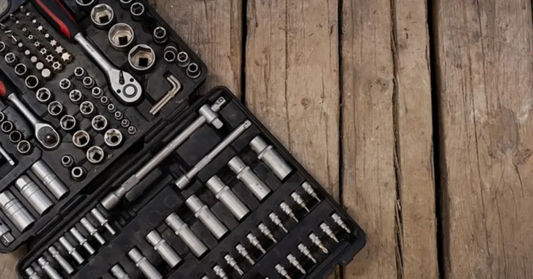Tool kit set on wood floor boards for fixing creaking floorboards