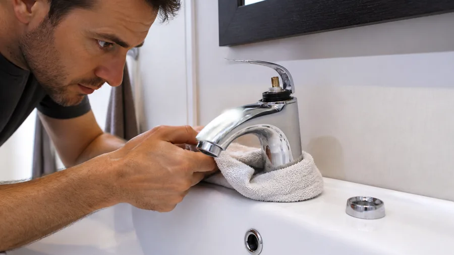 Homeowner examining water at the base of a chrome bathroom faucet during a leak inspection