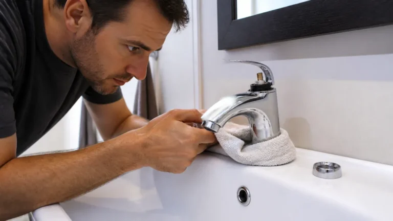 Homeowner examining water at the base of a chrome bathroom faucet during a leak inspection