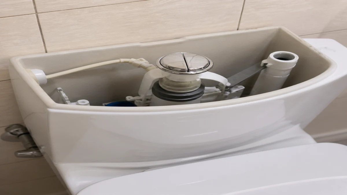 Flapperless toilet flush tower and canister seal inspected inside the tank