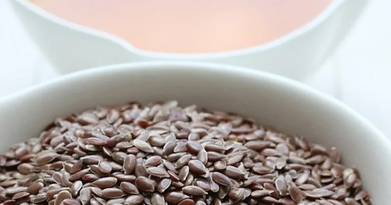 Bowl of flaxseeds beside a bowl of golden flaxseed oil used for wood conditioning