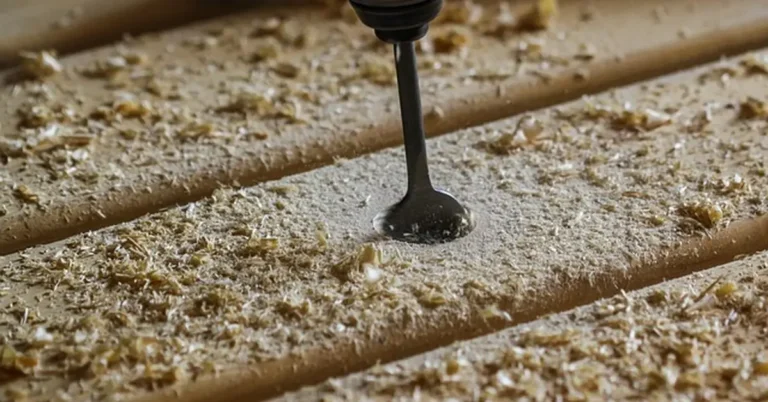 Hole saw bit drilling cleanly into plywood with visible sawdust
