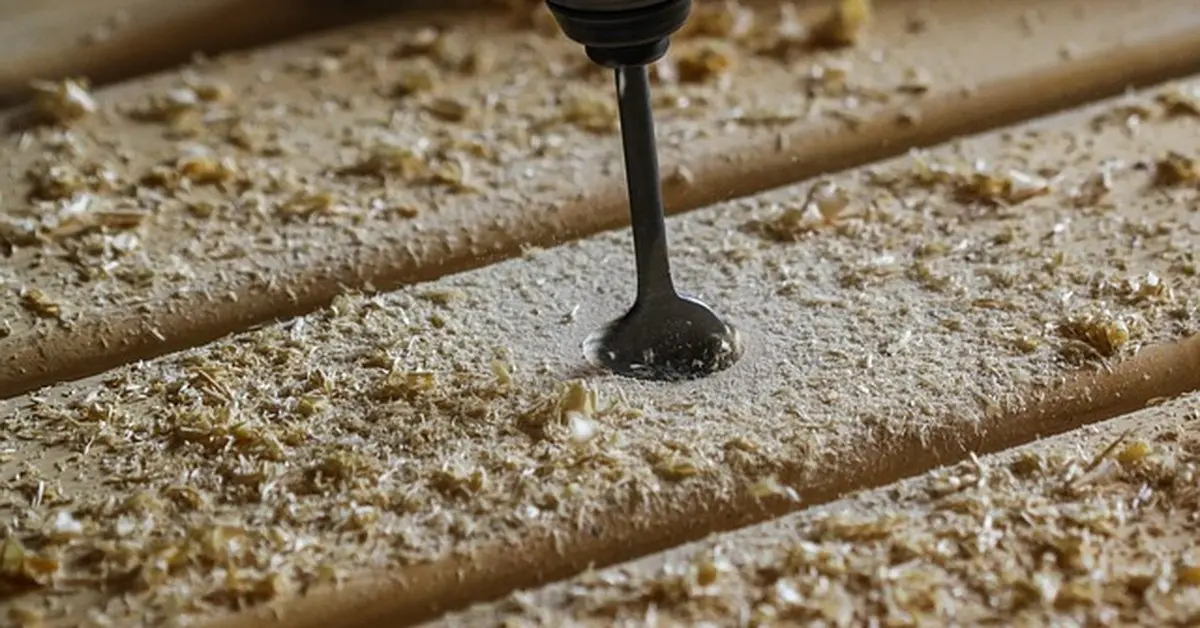 Hole saw bit drilling cleanly into plywood with visible sawdust