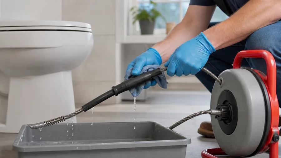 Toilet auger with a protected cable and curved guide sleeve used near a white toilet bowl
