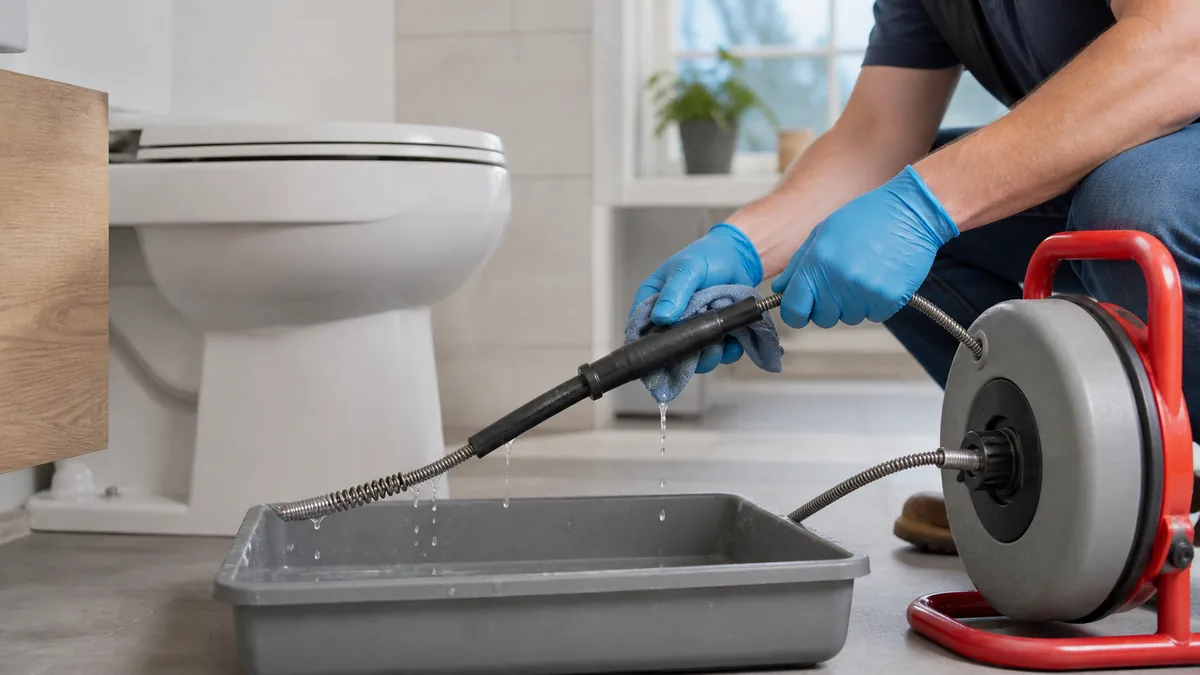 Toilet auger with a protected cable and curved guide sleeve used near a white toilet bowl